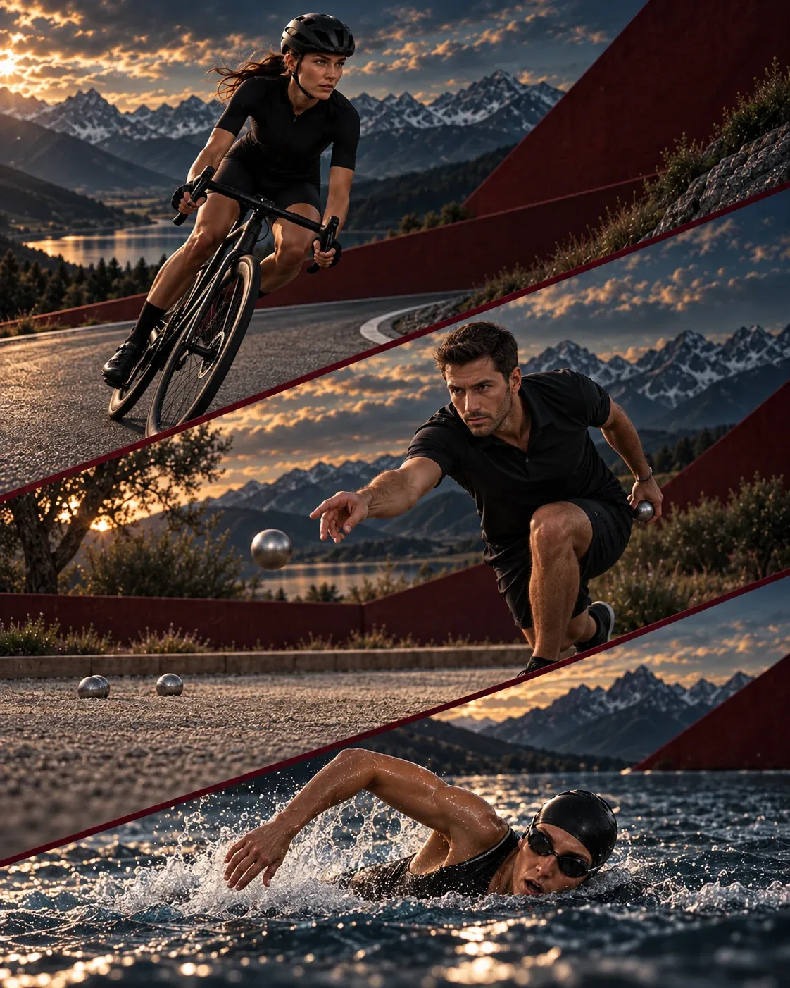 Montage de cyclisme, pétanque et natation